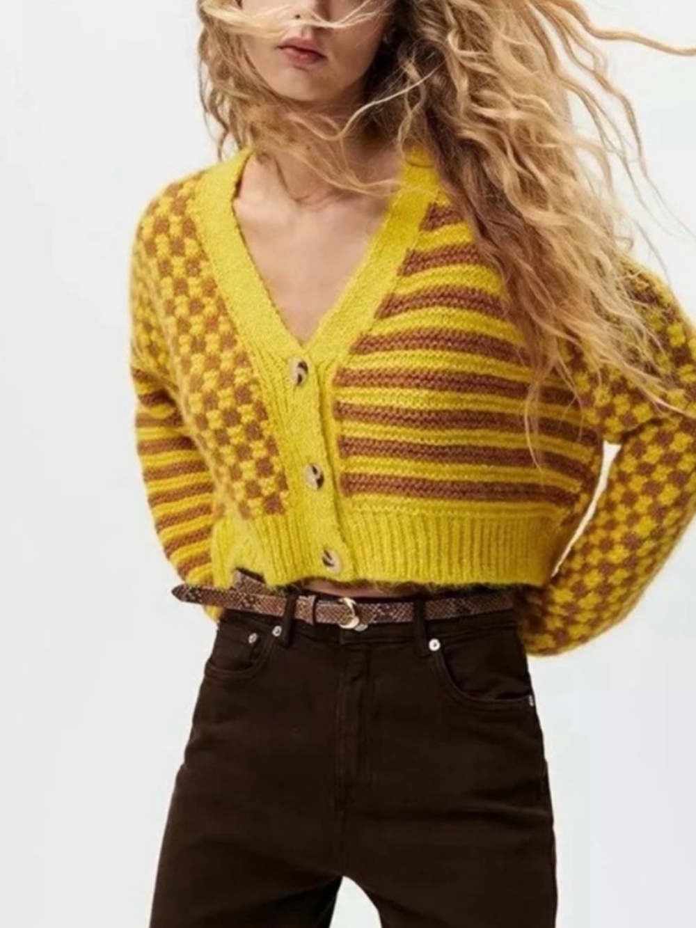 ZARA Check & Stripe Crop Cardigan Sweater Medium